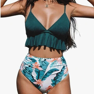 CUPSHE Women Two Piece High Waisted Flowy Ruffle Hem Ruched Tummy Control Bottom